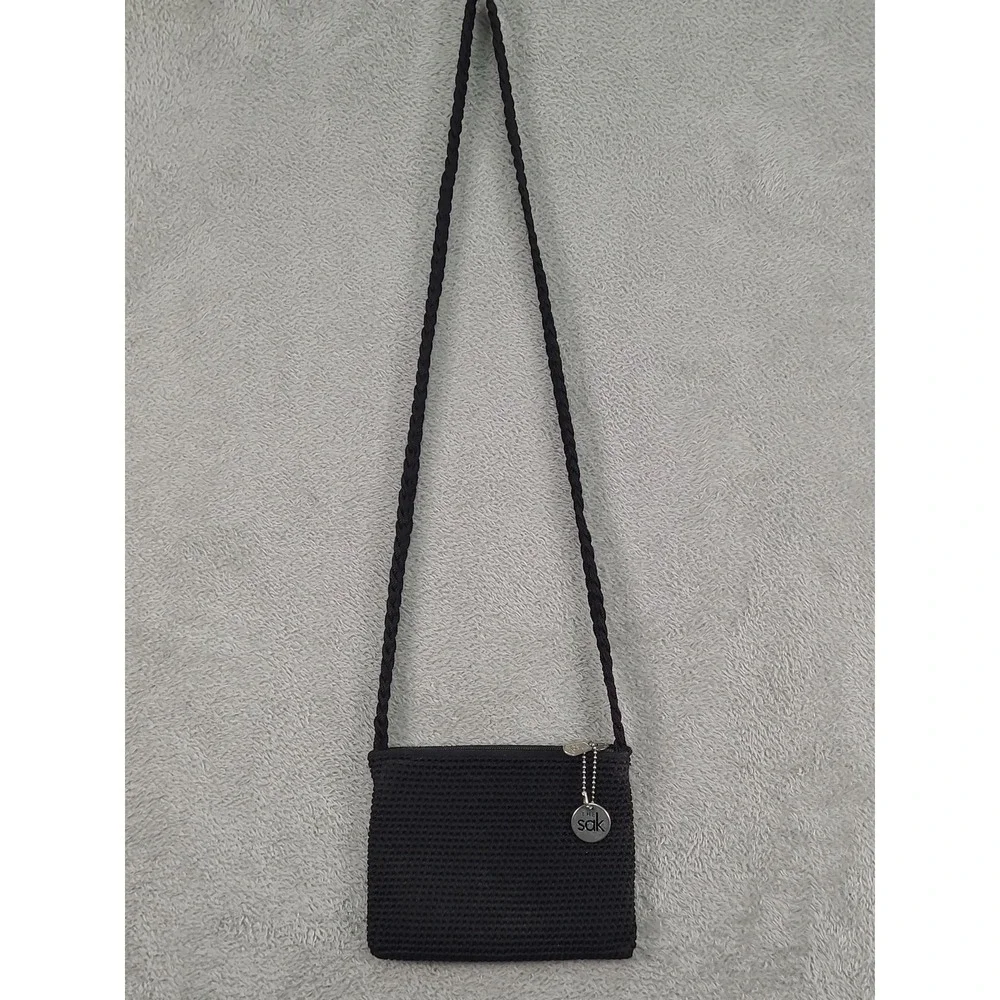 The Sak Black Crochet Crossbody Bag‎ Small Woven Zippered Purse Braided Strap